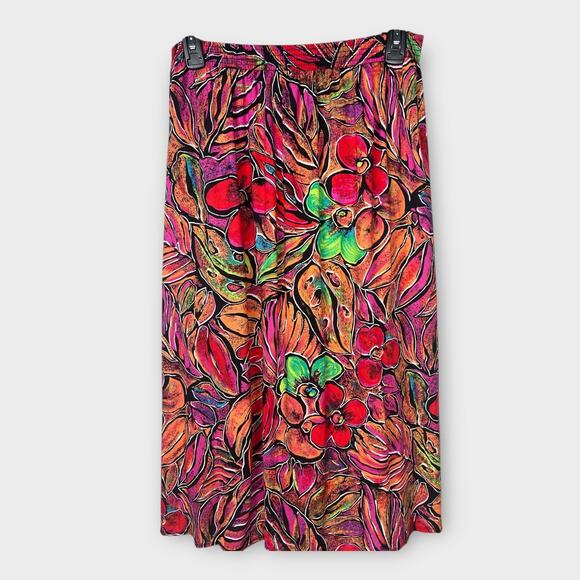 80s Rayon Colorful Floral Tropical Boho Midi Skirt Elastic Pull on XS-Medium - Picture 1 of 7